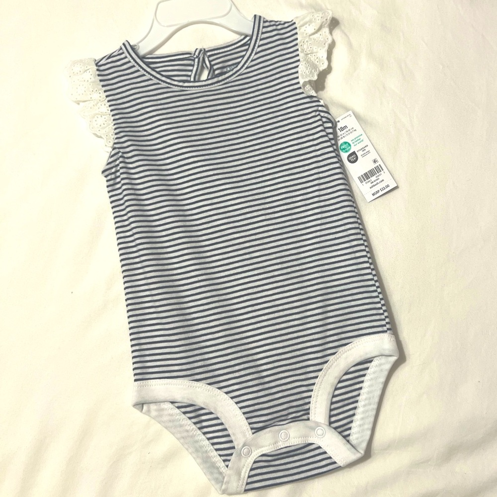 Oshkosh navy and white stripe onesie with islet lace flutter sleeve. 18 month.